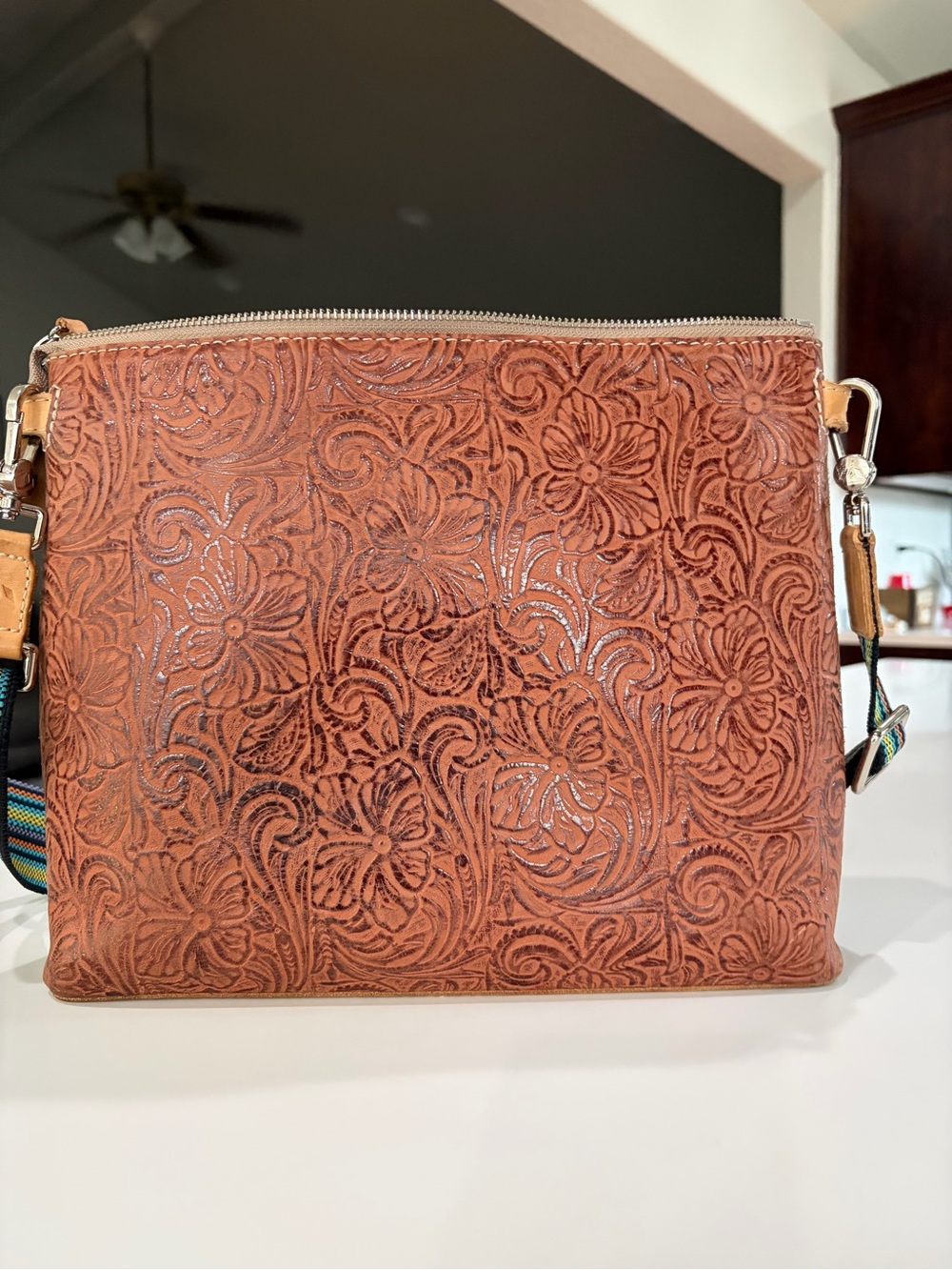 Consuela Brown Floral Tooled Crossbody with Multicolor Strap - Picture 2 of 4